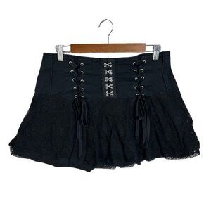 VTG Y2K Tripp NYC Mini Skirt L Black Lace Corset Bow Ruffle Emo Punk Goth